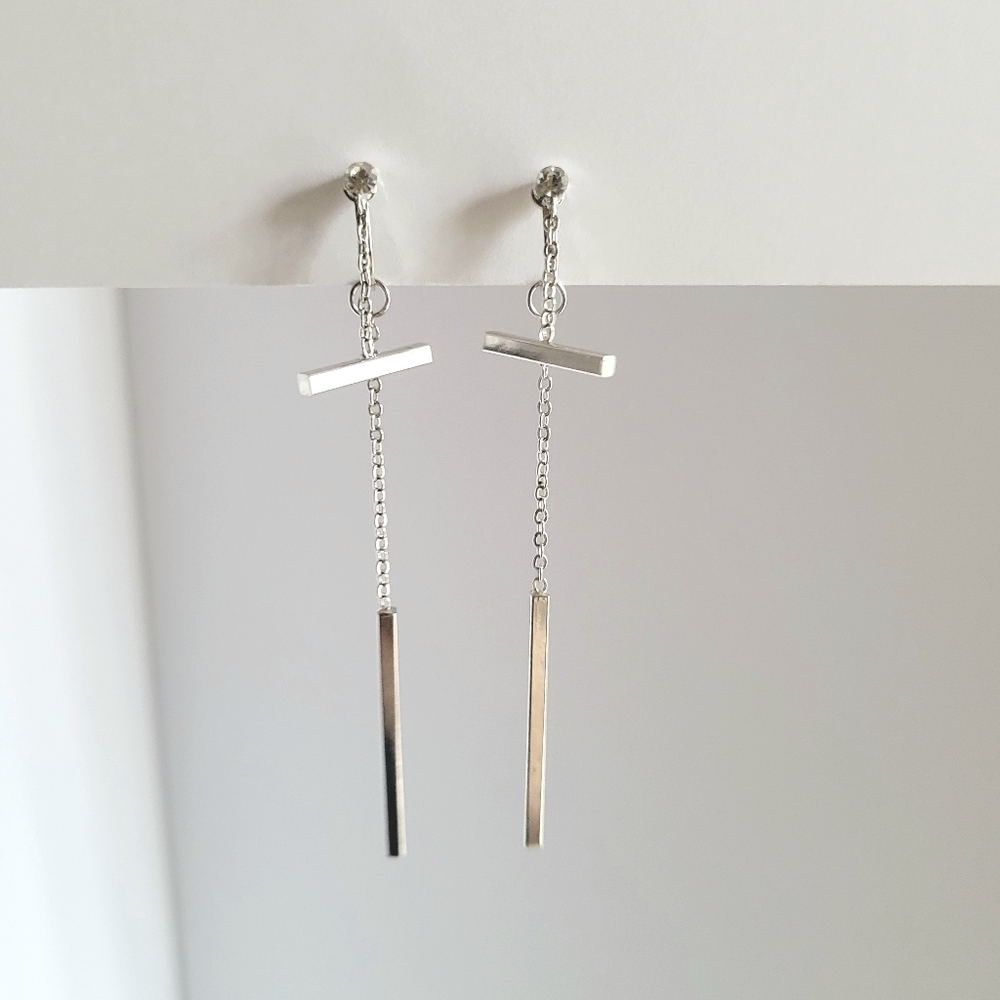 Dainty Bar Chain Clip On Earrings Silver Minimalist Rhinestone Abstract Dangle